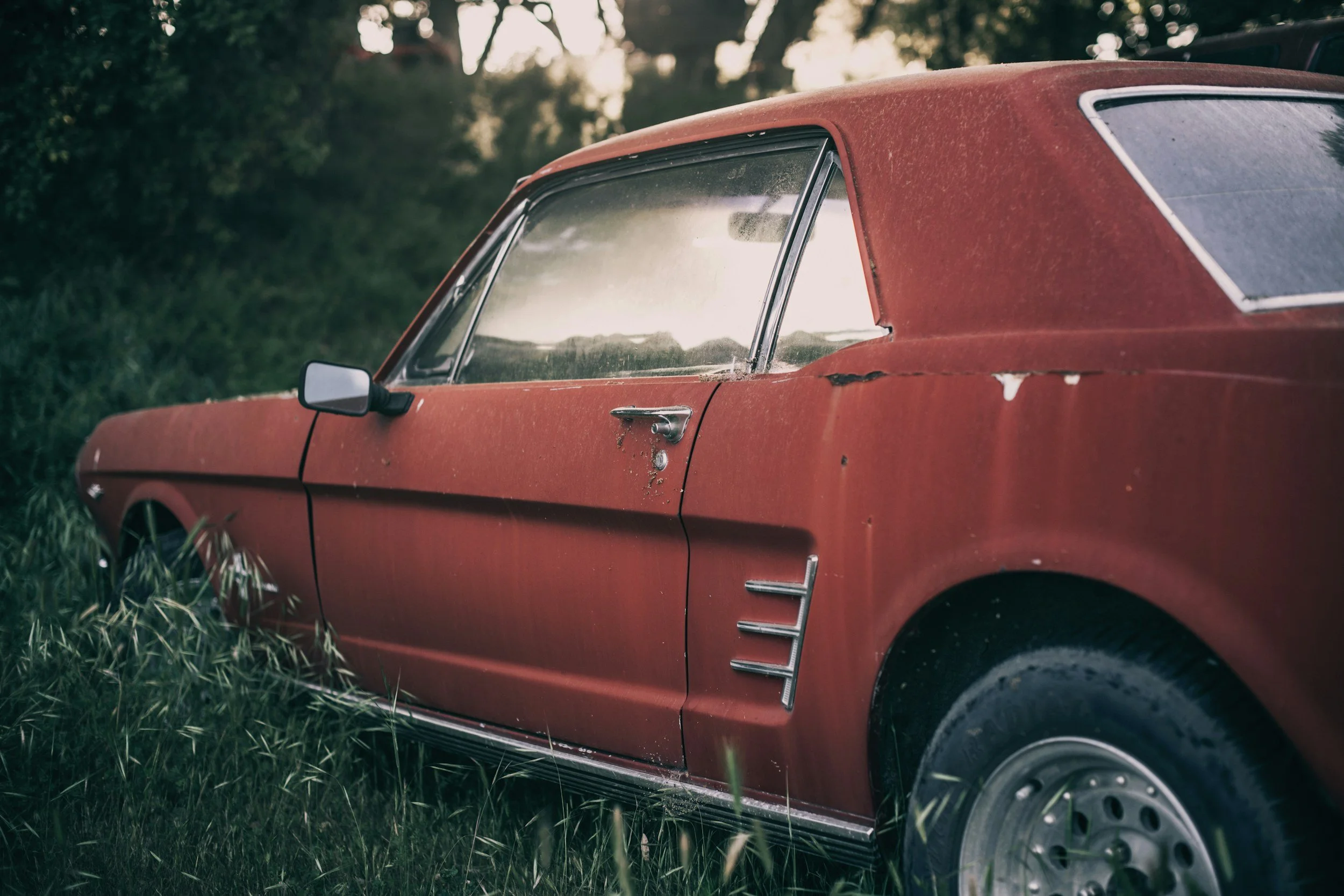 An abandoned red vintage car parked in tall grass with signs of rust and damage, situated outdoors near trees.