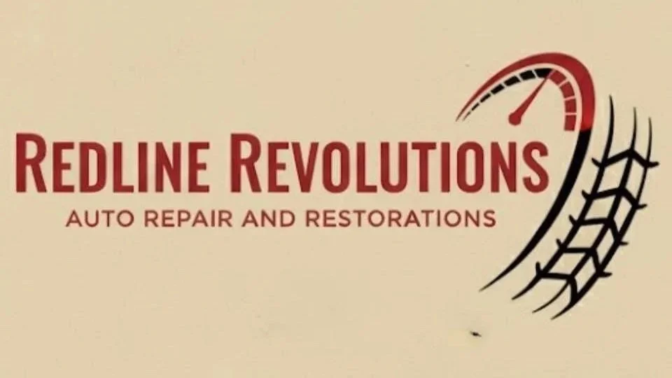Logo for Redline Revolutions auto repair and restorations, with a stylized speedometer and tire tread design.