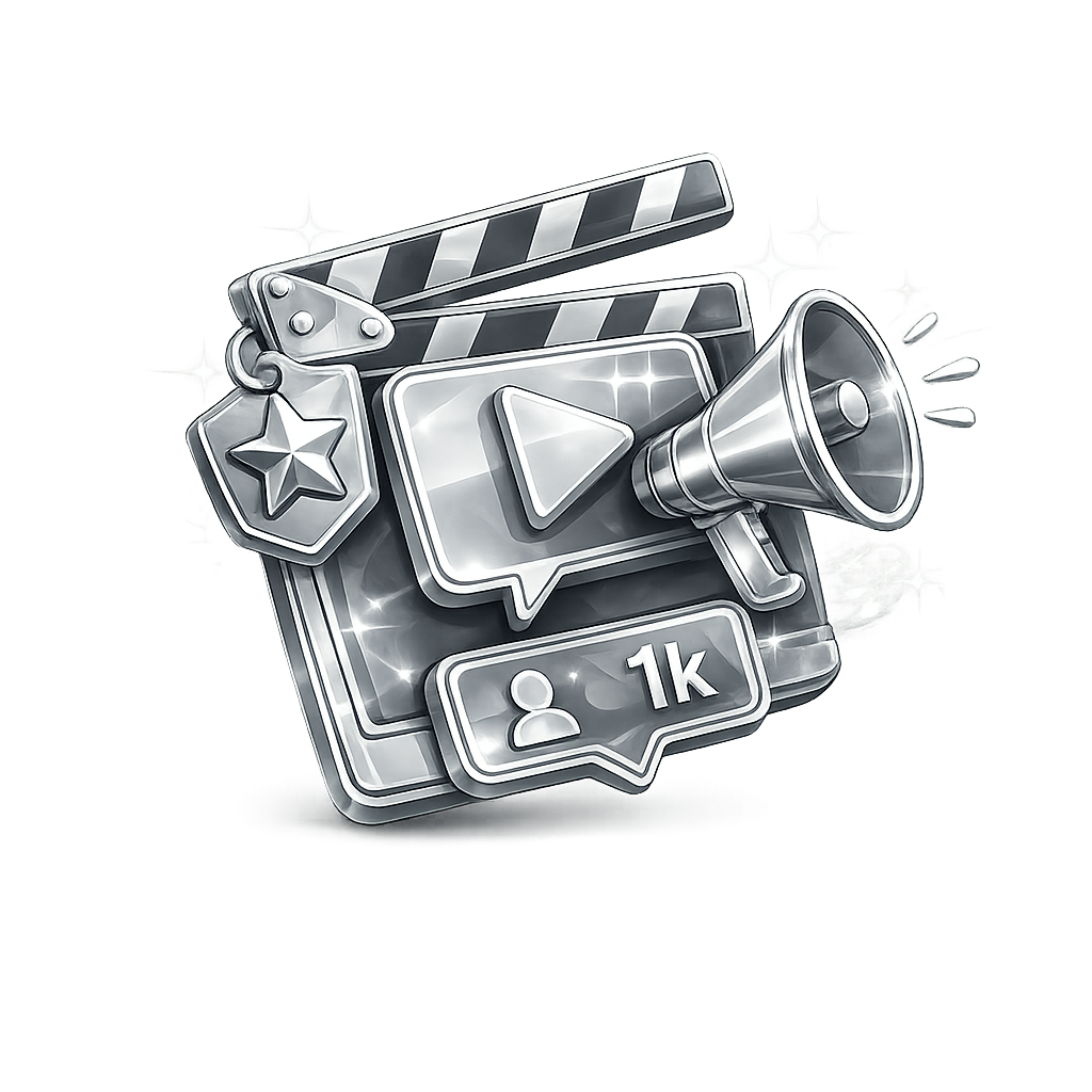 A digital illustration of social media icons in silver, featuring a clapperboard, a play button, a megaphone, a user profile with 1k followers, and a star badge, all with a shiny, metallic finish.