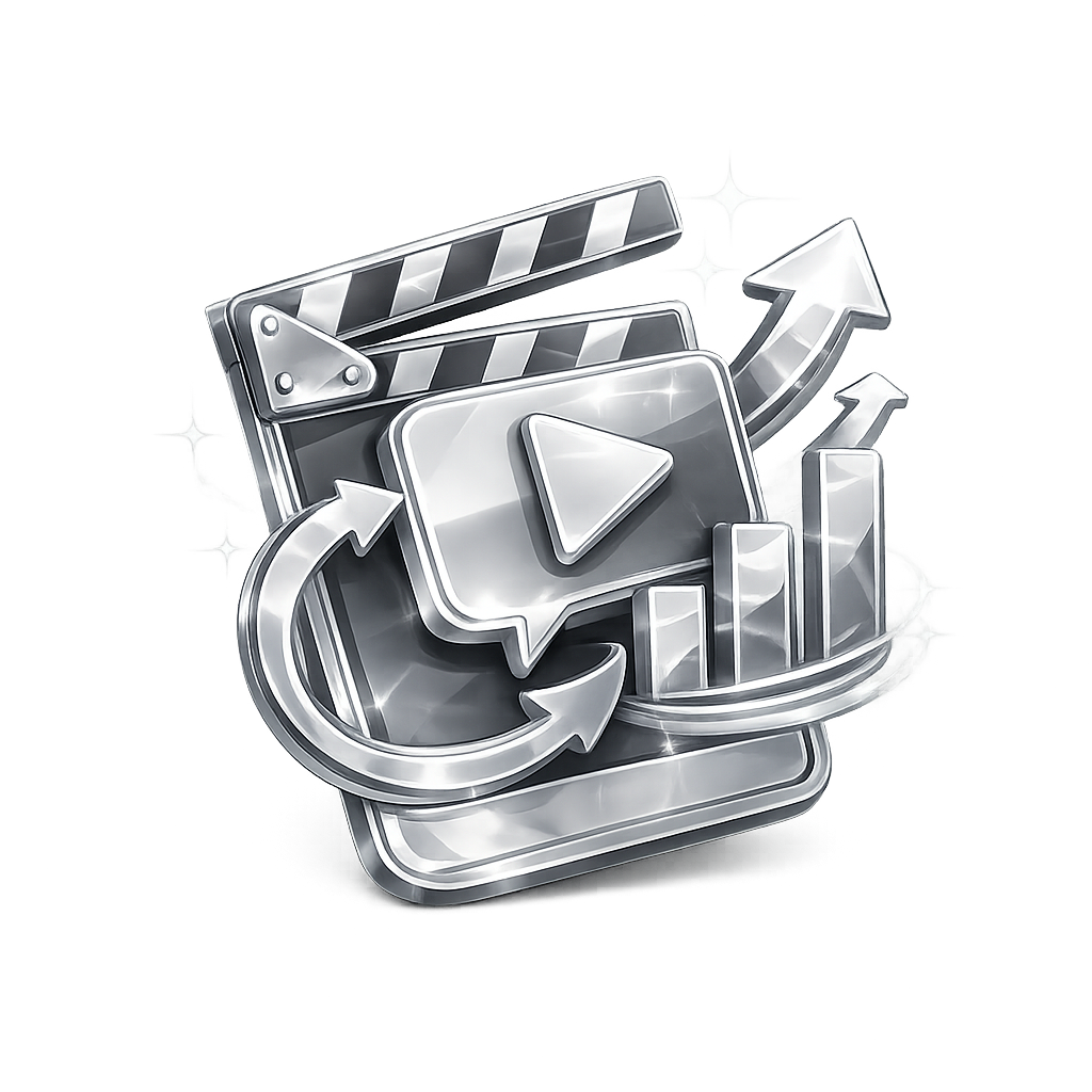 A collection of silver and gray icons representing video production, including a clapperboard, a play button, upward arrows, and bar charts, with a shiny, metallic appearance.