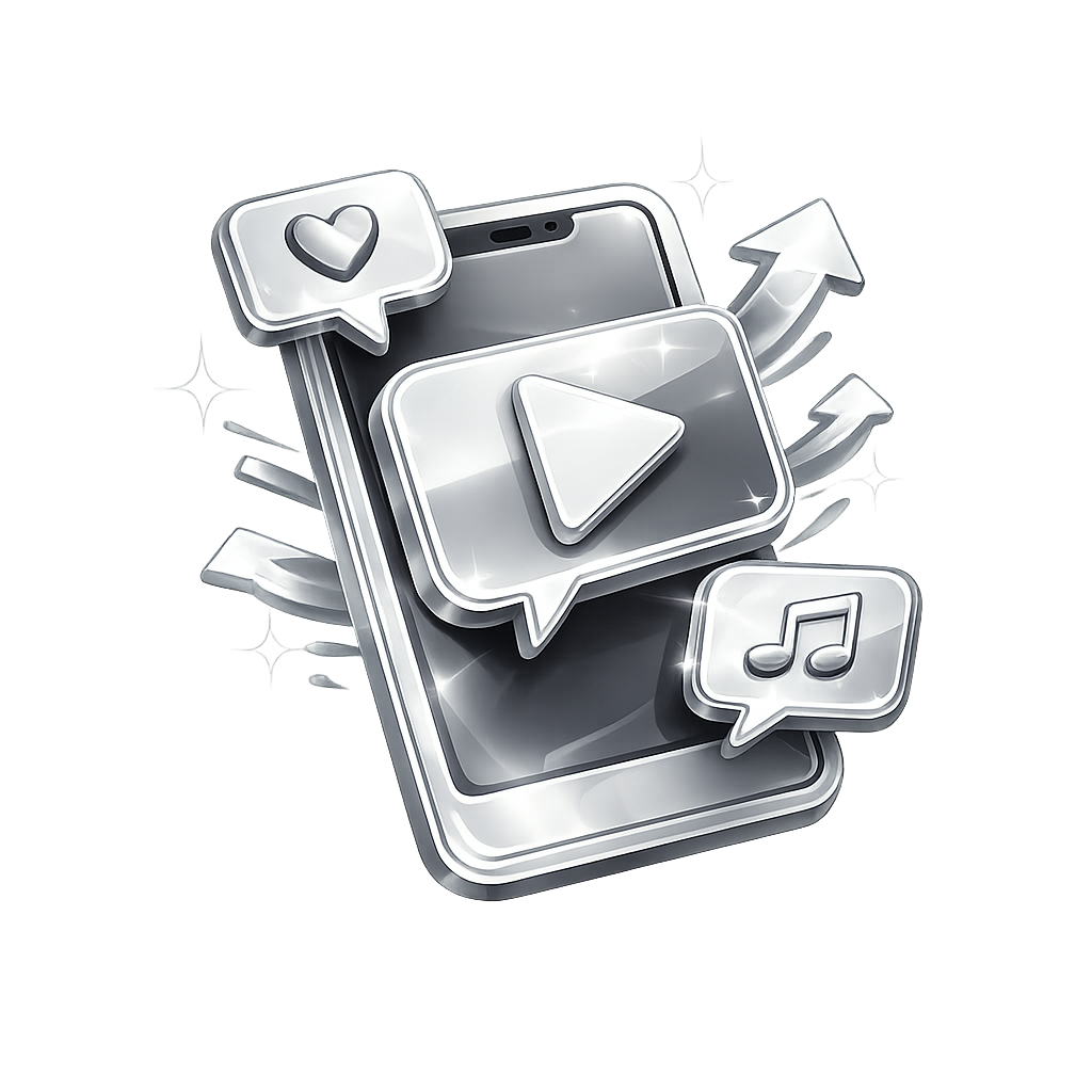 A digital illustration of a smartphone surrounded by social media icons, including a heart, a play button, a music note, and arrows indicating growth or sharing.
