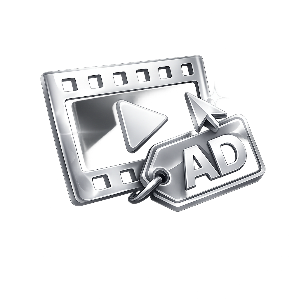 A metallic video play button icon with a silver AD license plate attached, set against a dark background with small colorful light streaks.