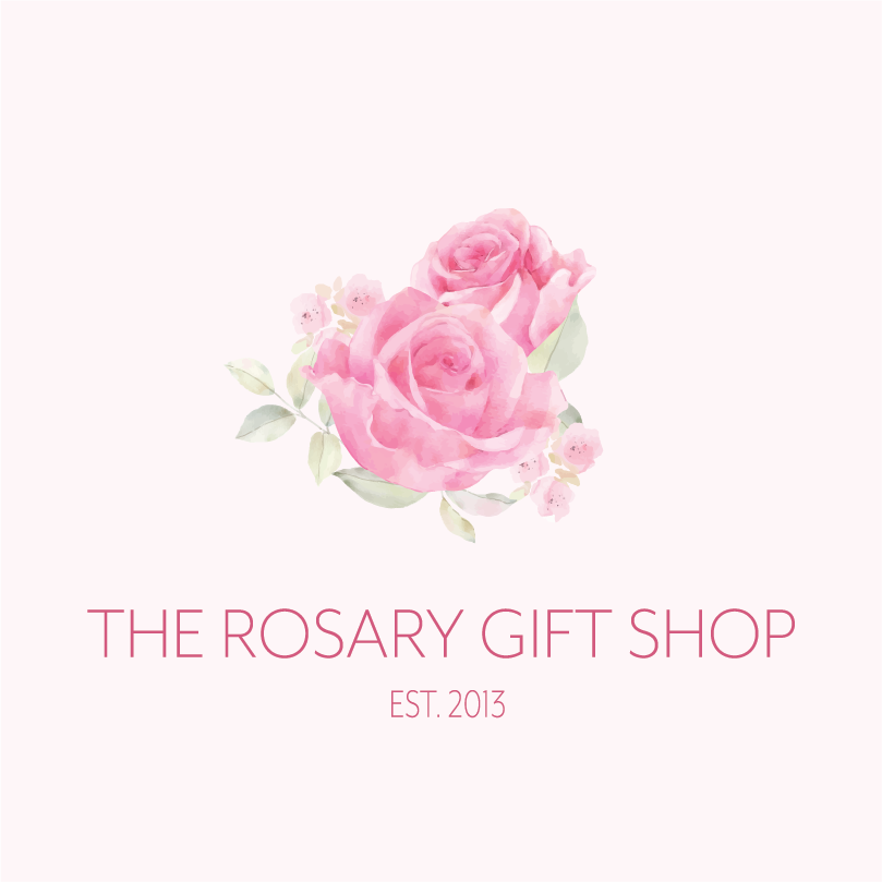 Pink watercolor roses with green leaves and small pink flowers, and the text 'The Rosary Gift Shop' and 'Est. 2013'.