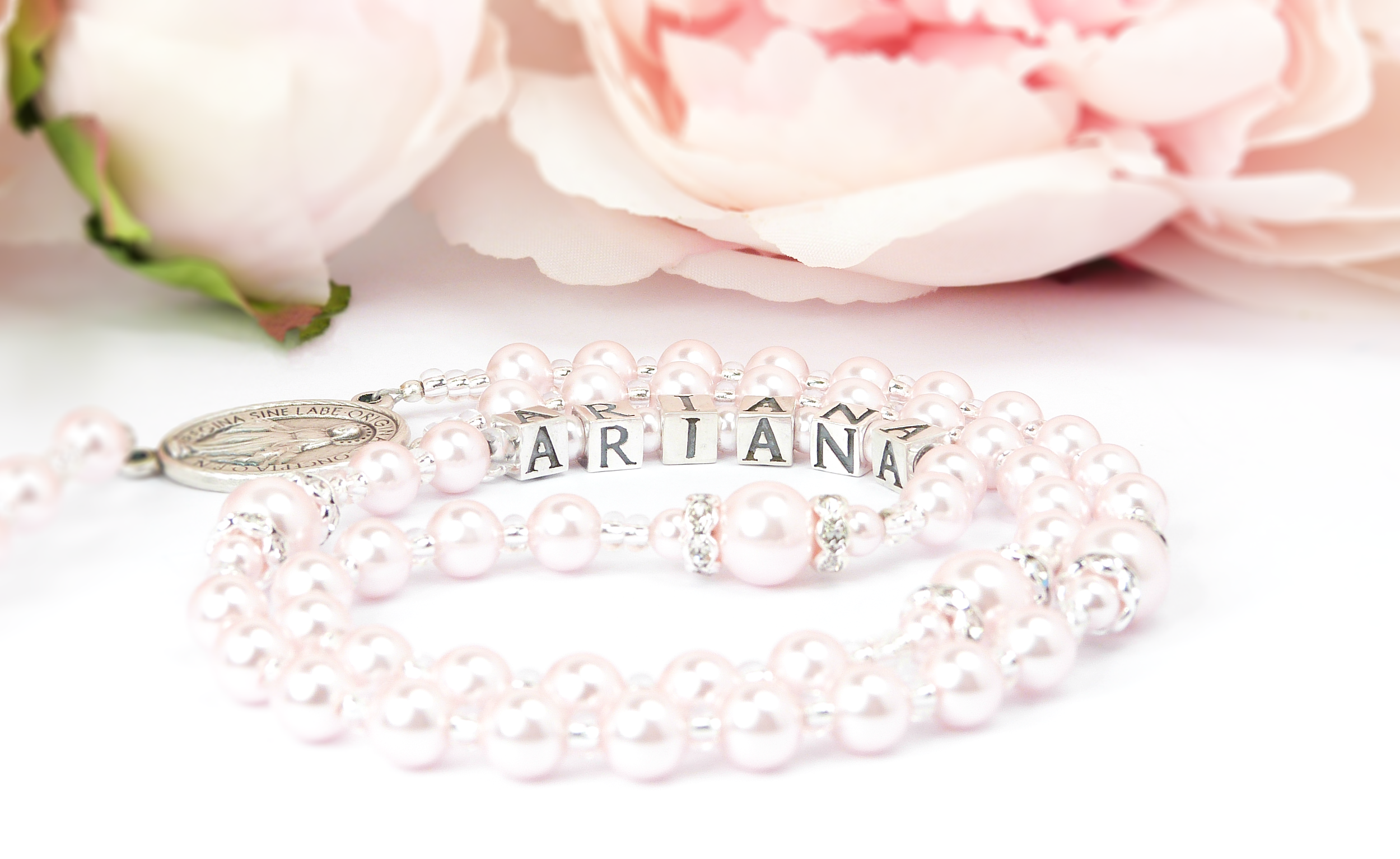 pink pearl personalised rosary beads
