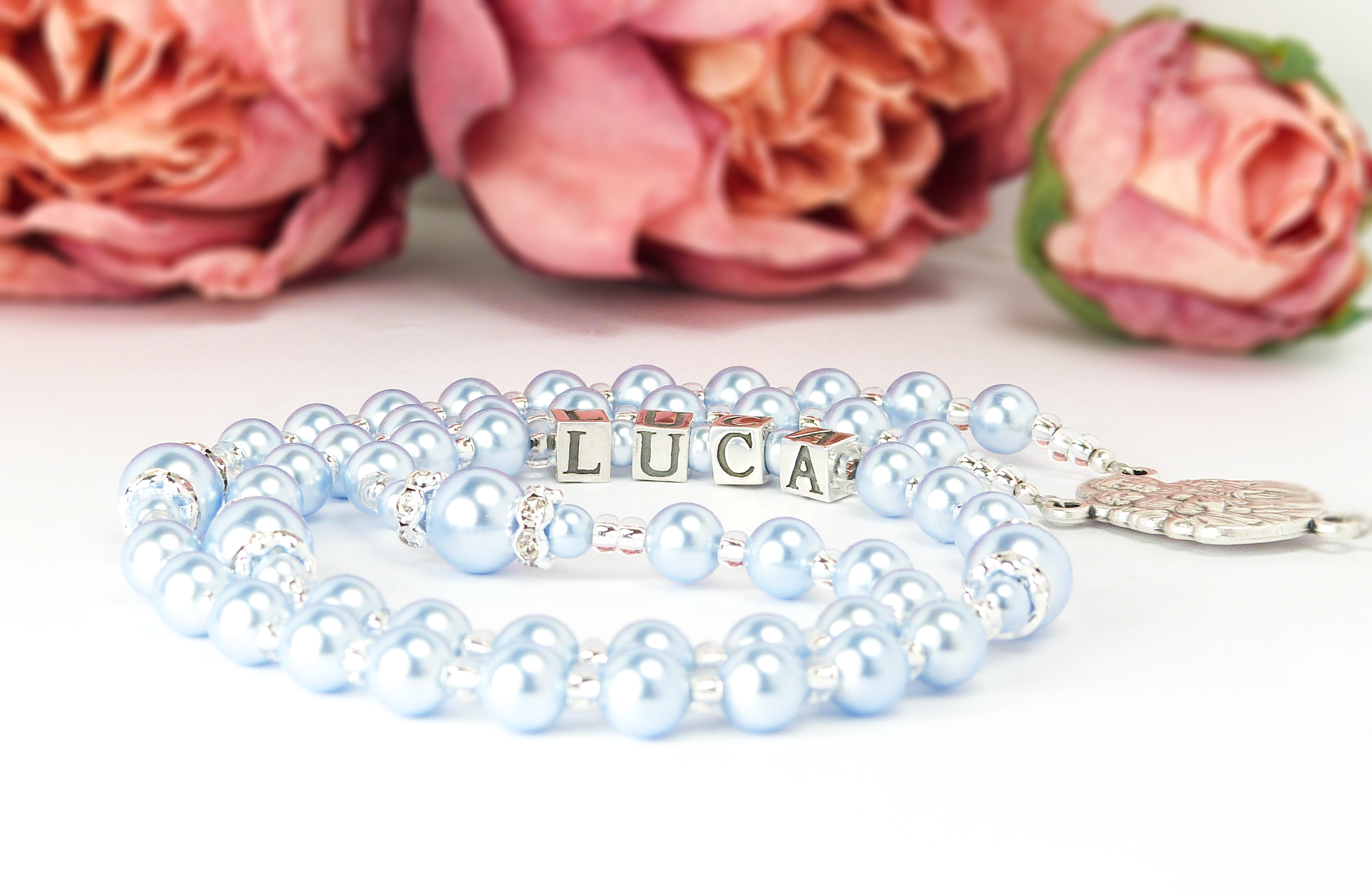 Personalised Light Blue Pearl Rosary Beads with Sterling Silver Letter Beads