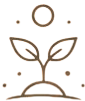 A simple line drawing of a plant with two leaves, a small circle above it, and three dots around.