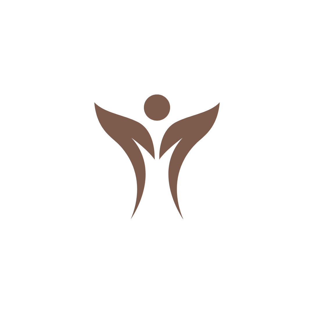 A stylized brown abstract human figure with raised arms, forming flower-like shapes, on a black background.