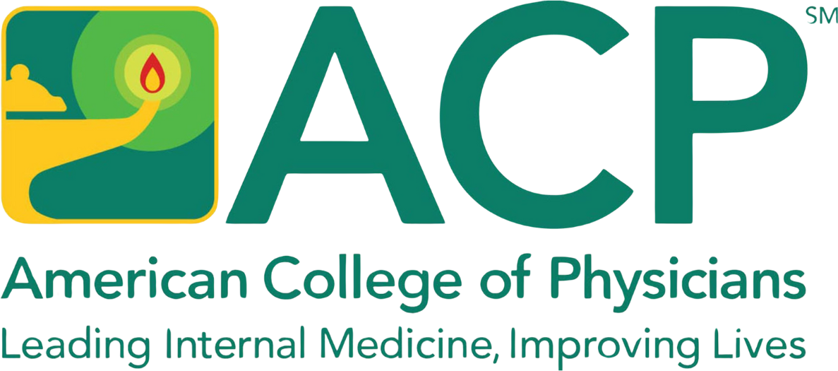 Logo of the American College of Physicians, featuring a green lamp with a red flame and the acronym ACP, along with their slogan.