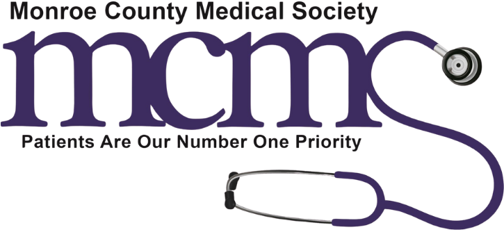 Logo of Monroe County Medical Society featuring a stethoscope and the letters 'mcms'
