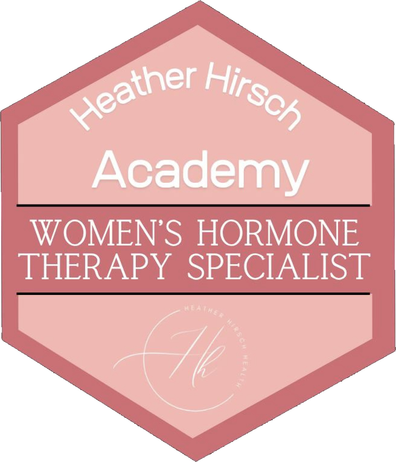Logo for Heather Hirsch Academy and Women's Hormone Therapy Specialist with pink and maroon hexagon shape.