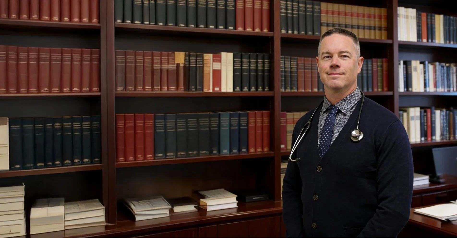 A male doctor standing in a library with tall wooden bookshelves filled with law and medical books in the background.