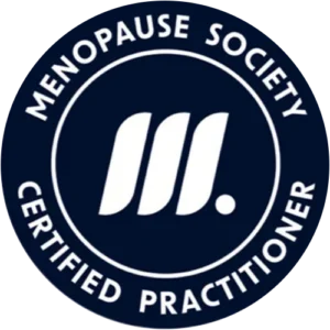 Menopause Society certified practitioner badge with a dark blue background and white text.