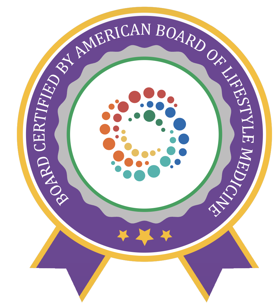 Certification badge from the American Board of Lifestyle Medicine with a colorful circular logo and purple ribbon at the bottom.