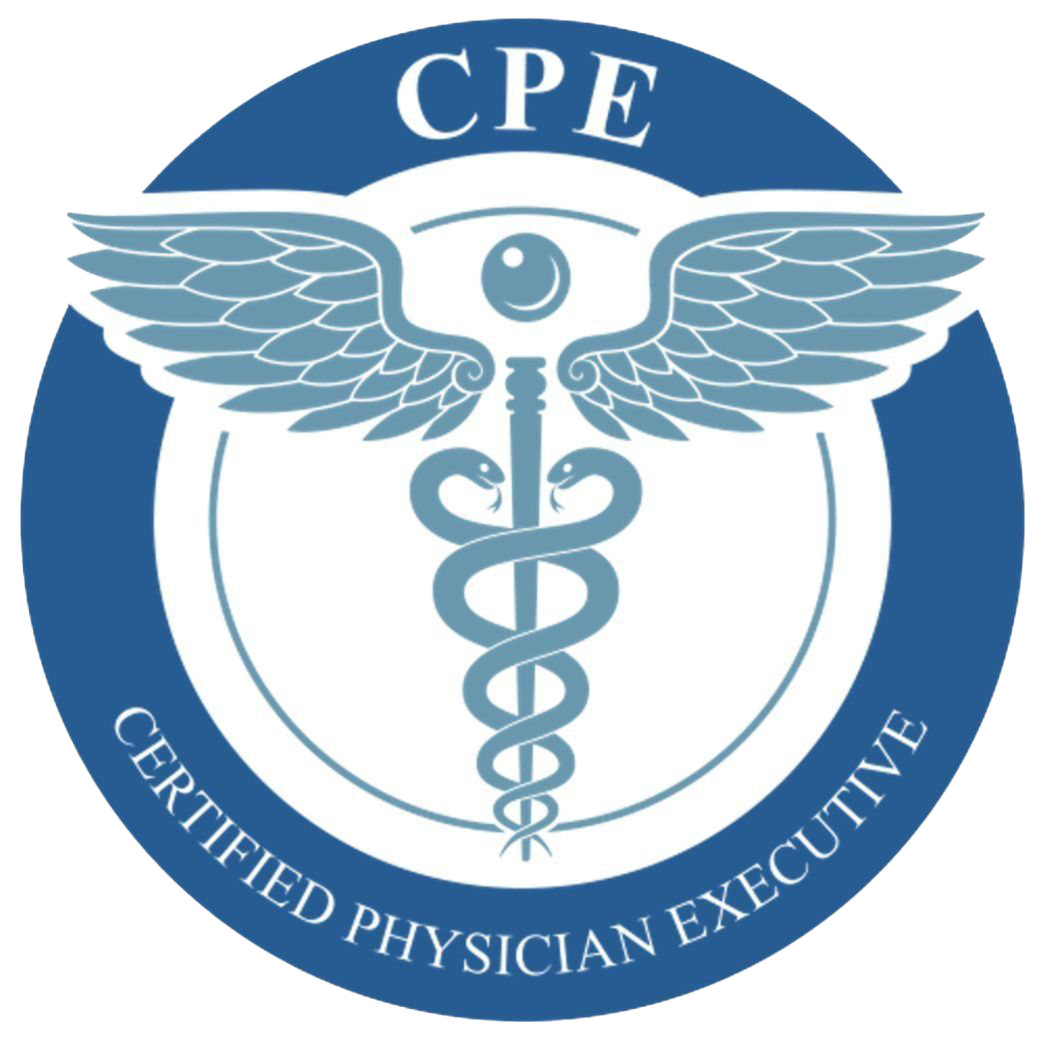 A logo with a blue circular background featuring a caduceus symbol with wings and a snake, and the text 'CPE' at the top and 'Certified Physician Executive' at the bottom.