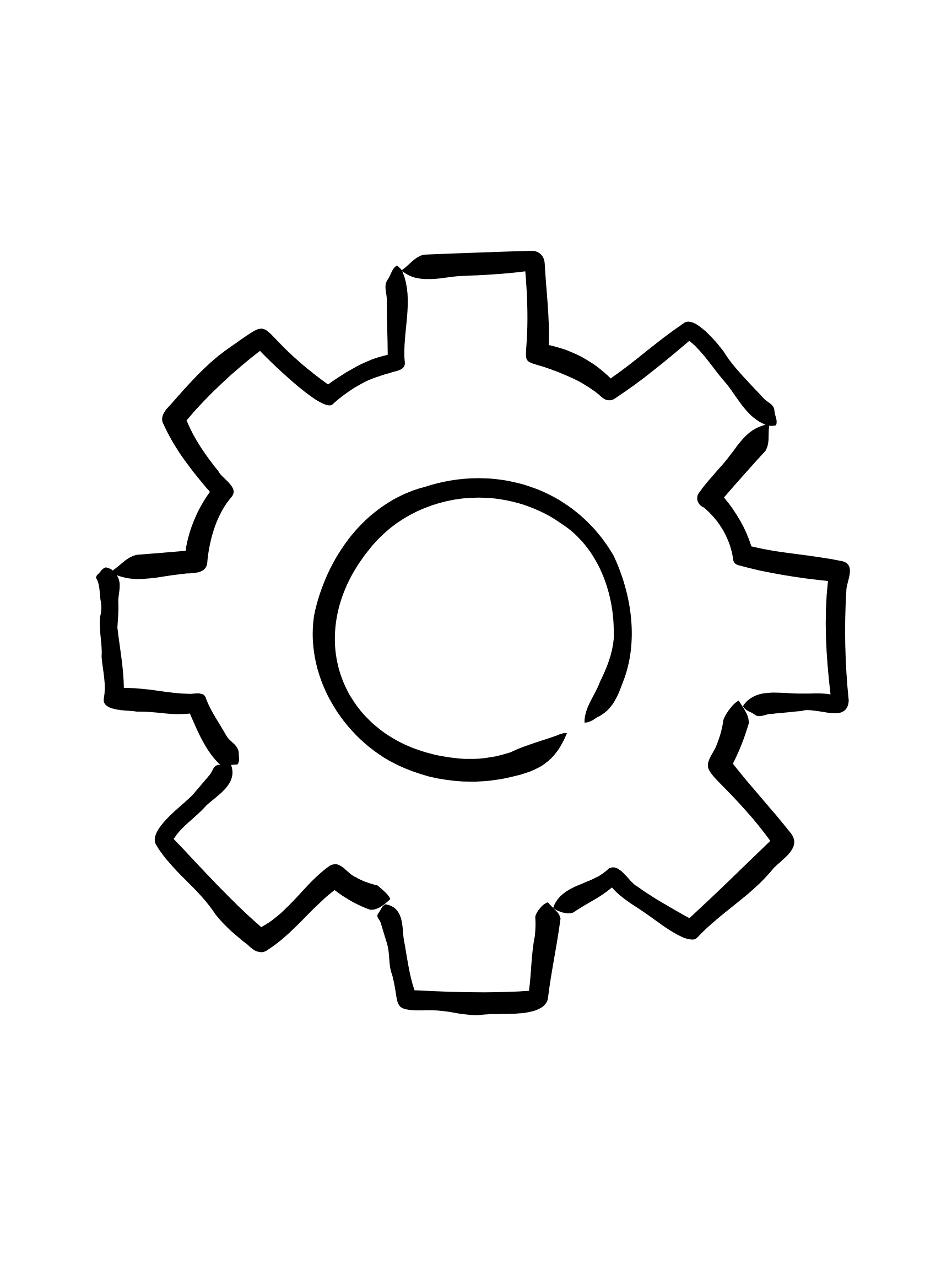 Black outline of a gear or cogwheel on a white background.
