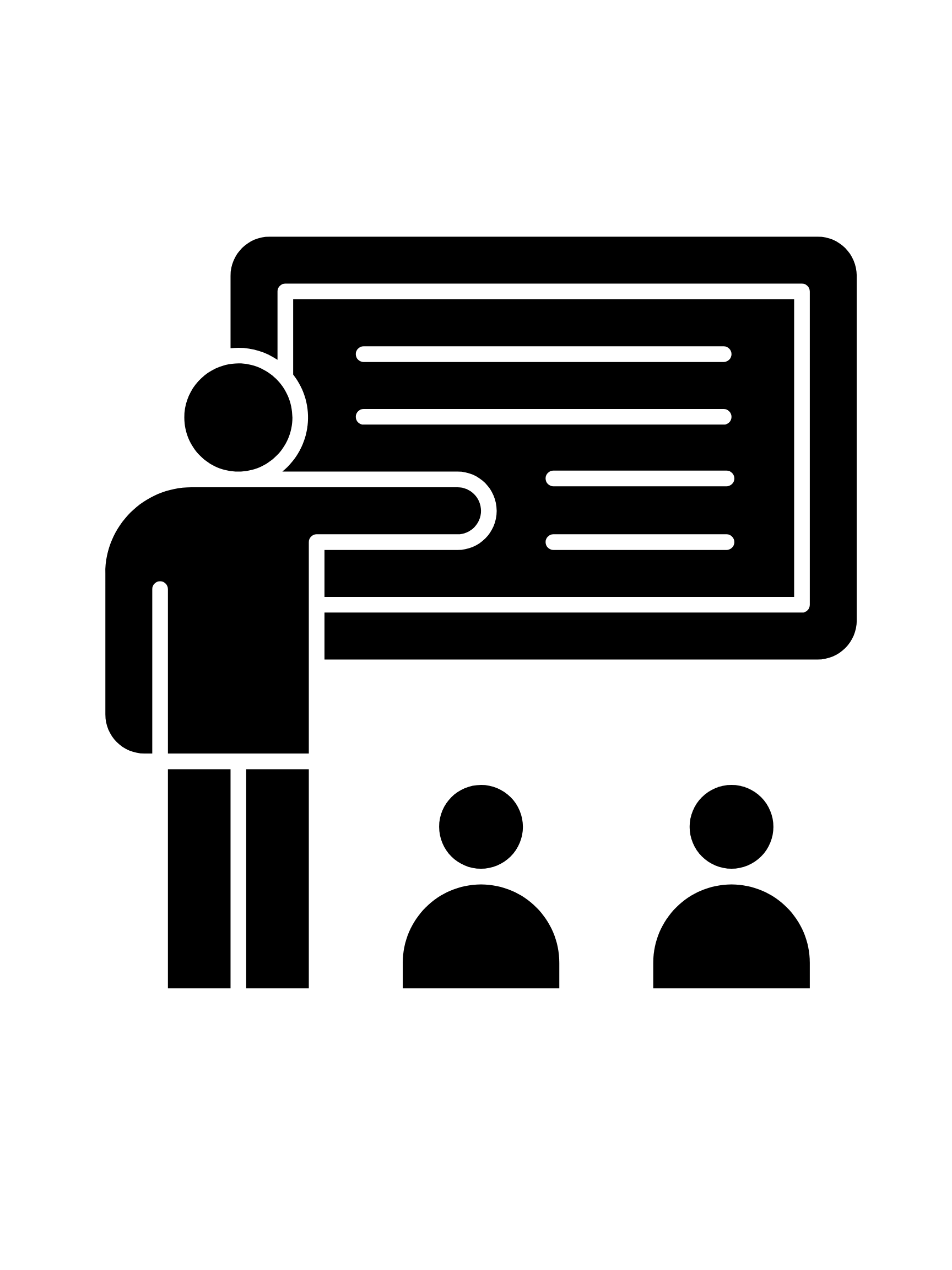 Icon of a person teaching or giving a presentation to two seated individuals using a blackboard or display board