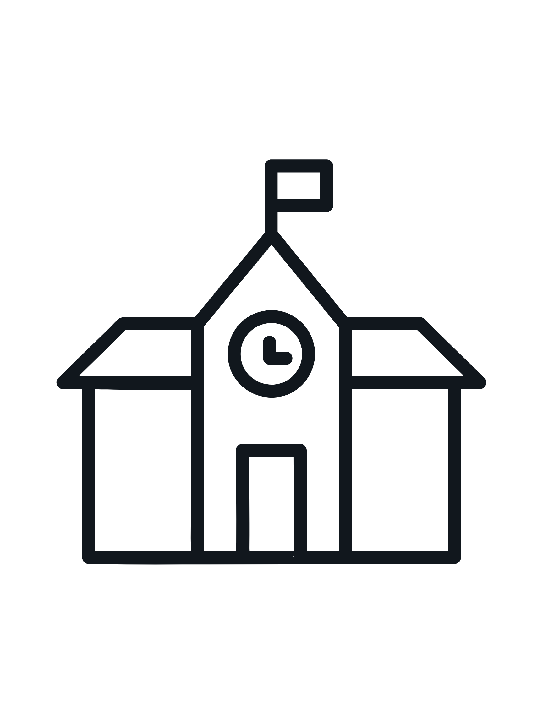 A black line drawing of a school building with a flag on top, a central clock, and two wings on either side.