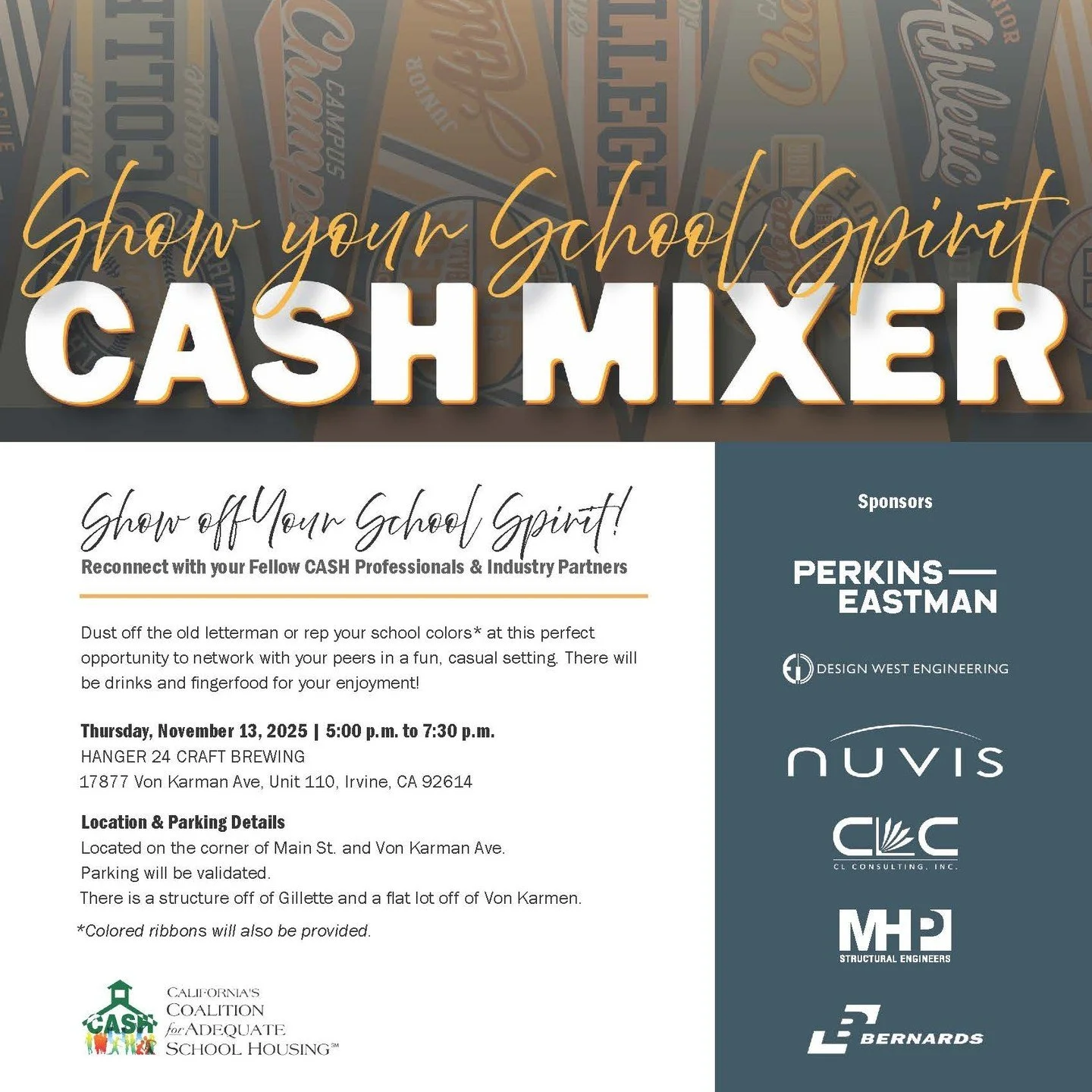 Join NUVIS at the CASH MIXER, November 13, 2025, 5:00pm-7:30pm at Hangar 24 Craft Brewing for an evening of networking and fun! #nuvis #design #schools #networking #coalitionforadequateschoolhousing