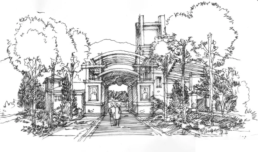 Sketch of a modern entrance gate with trees and pathway, featuring artwork and architectural details.