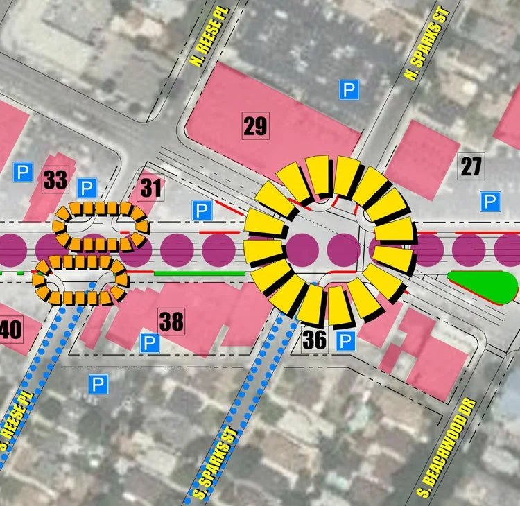 Map showing street layout and construction zones with marked areas and parking locations. Streets include N. Reseda Pl, N. Sparks St, S. Sparks St, and S. Beachwood Dr. Construction zones are highlighted with yellow and orange outlines, and parking areas are marked with blue P symbols.