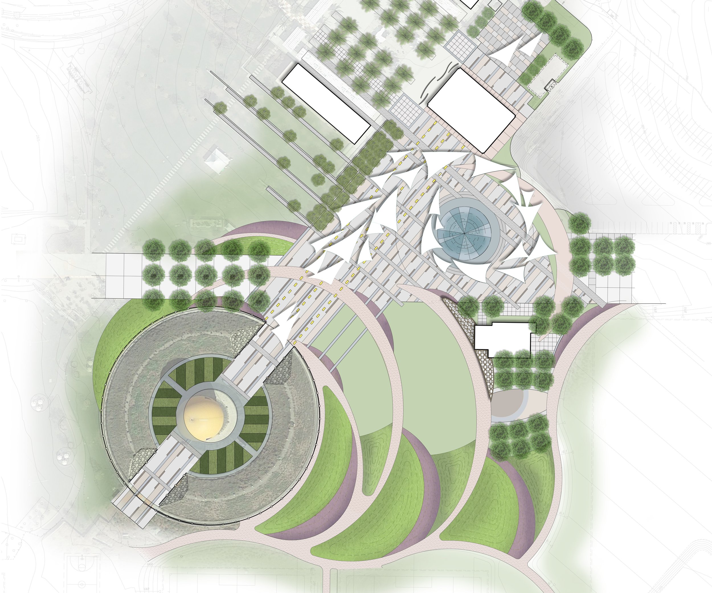 Architectural blueprint of a large outdoor public space with pathways, green areas, trees, a circular amphitheater, and a modern building with a unique roof design.