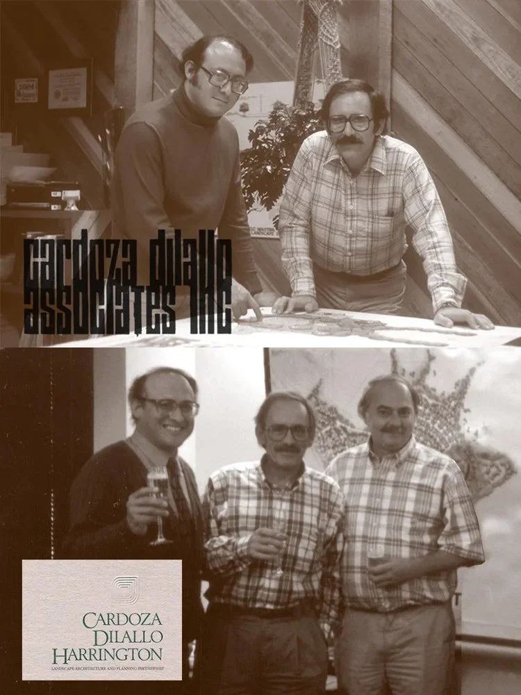 Sepia-toned photo of two men leaning on a table in a wooden-paneled room. The bottom left corner has a logo with text: "Cardoza Dilallo Harrington" and "Landscape Architecture and Planning Since 1985."