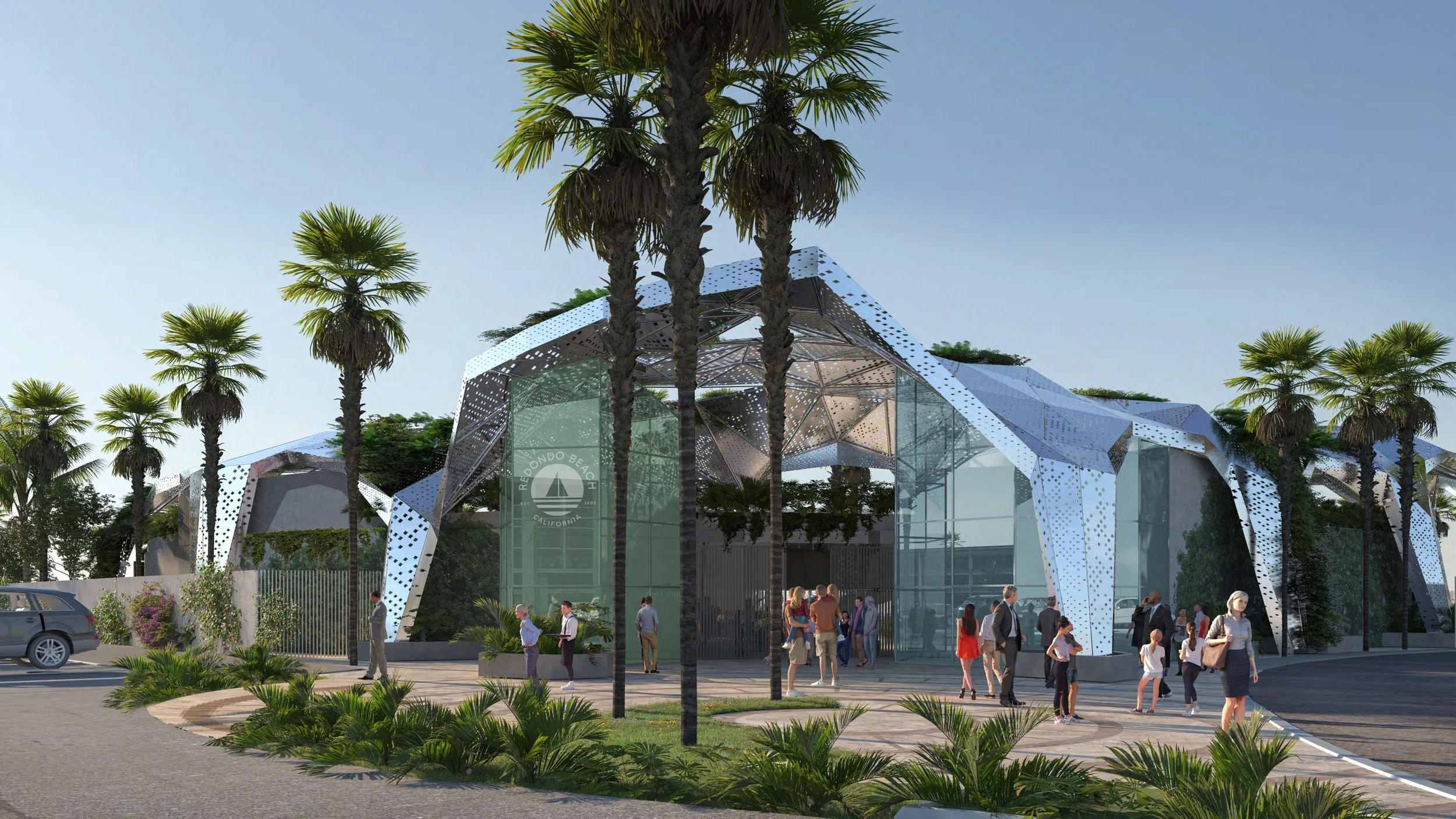 Modern architectural building with geometric design and palm trees surrounding it, with people walking nearby and a parking lot in the foreground.