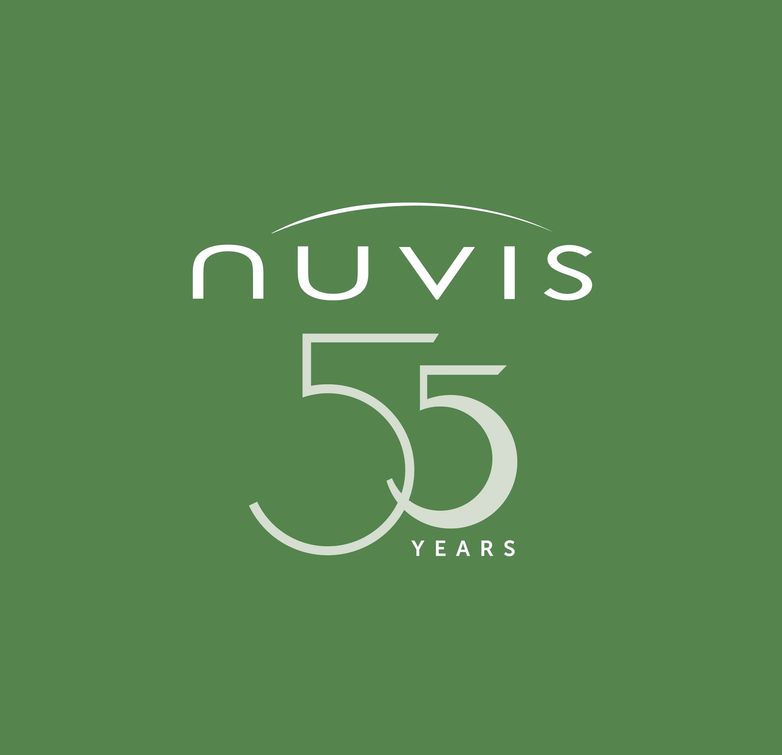 Green background with white text that says "55 YEARS" and a white curved line above the text.