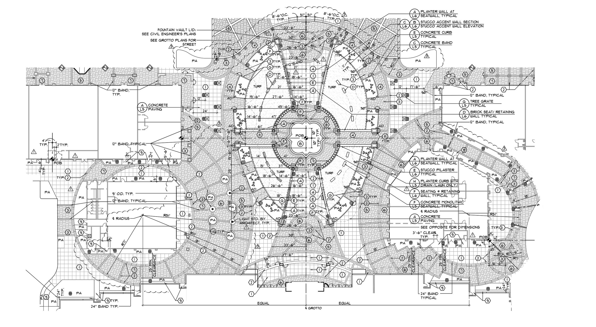 A detailed architectural blueprint for a park or plaza, showing various design elements such as concrete paving, turf, walls, seating areas, drinking fountains, and pathways, with numerous measurements and construction notes.