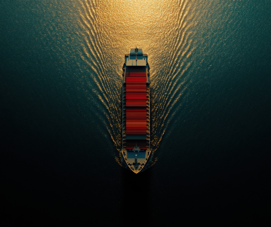 An aerial view of a cargo containership with red containers, creating ripples in the water as it moves through a body of water during sunset. Containers in the UK require import customs clearance.