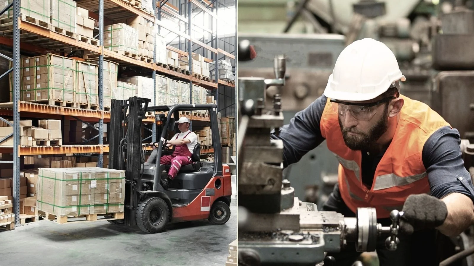 Forklift moving pallets in a warehouse beside an engineer working at a lathe, comparing customs warehousing and inward processing