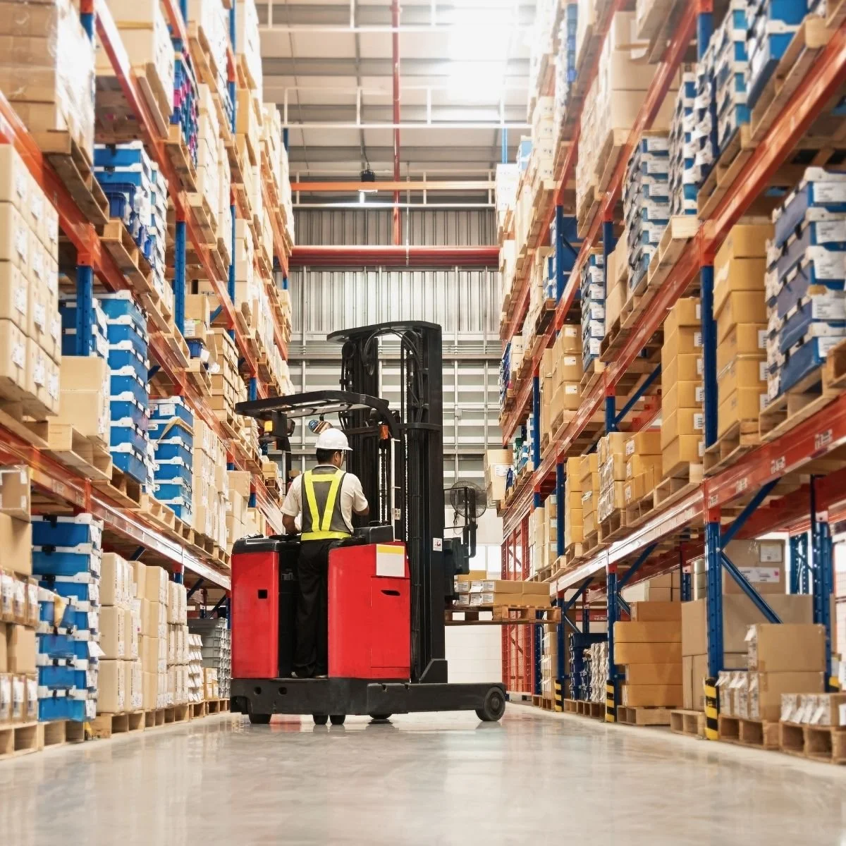 Forklift operator working in a bonded customs warehouse aisle with pallets of imported stock