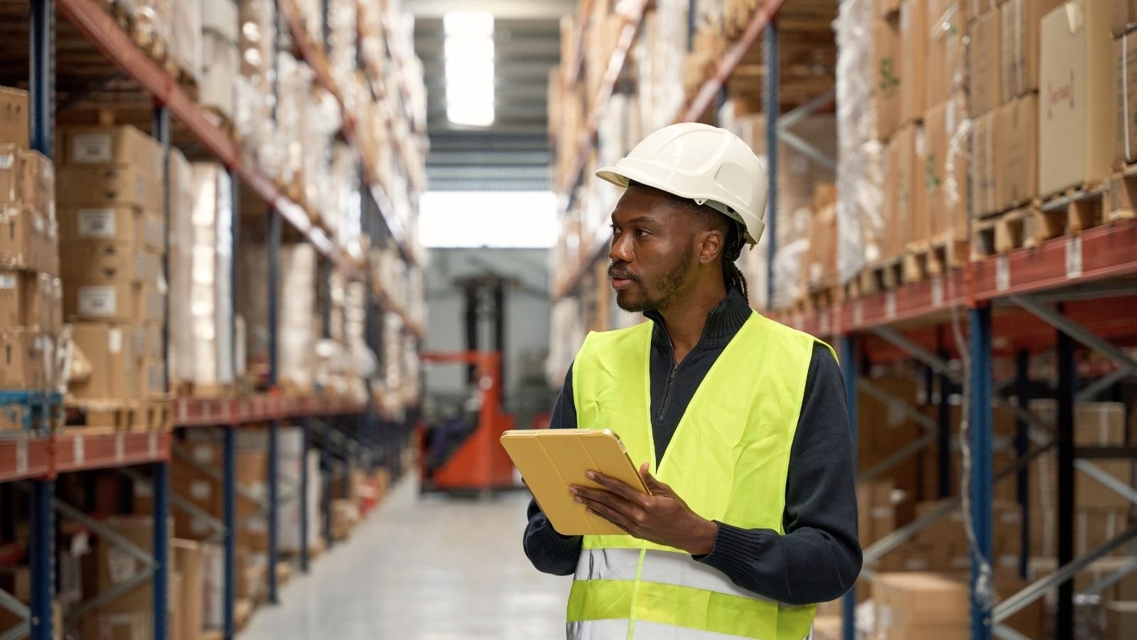 Warehouse worker checking imported stock on a tablet in a UK bonded warehouse.