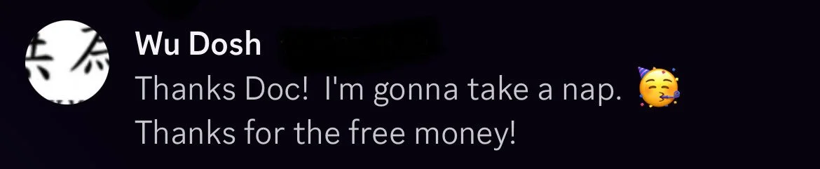 Screenshot of a social media post with text thanking someone named Doc and mentioning taking a nap and appreciation for free money, along with a party-themed emoji.