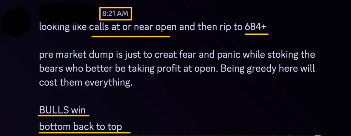 Screenshot of a text message discussing market actions, with a timestamp of 8:21 AM. The message mentions calls at or near open, pre-market dump, bears, profit, and a phrase 'BULLS win' with an upward arrow.