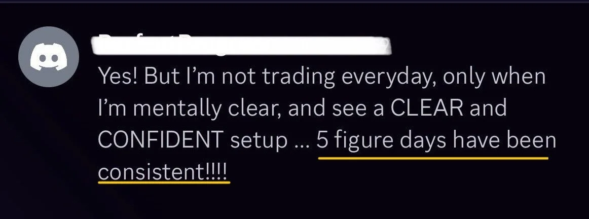 Screenshot of a Discord chat message discussing trading success with five consecutive profitable days.