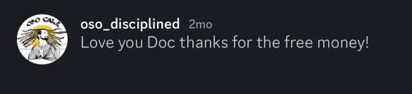 A social media comment expressing gratitude for free money, posted by a user named oso_disciplined.