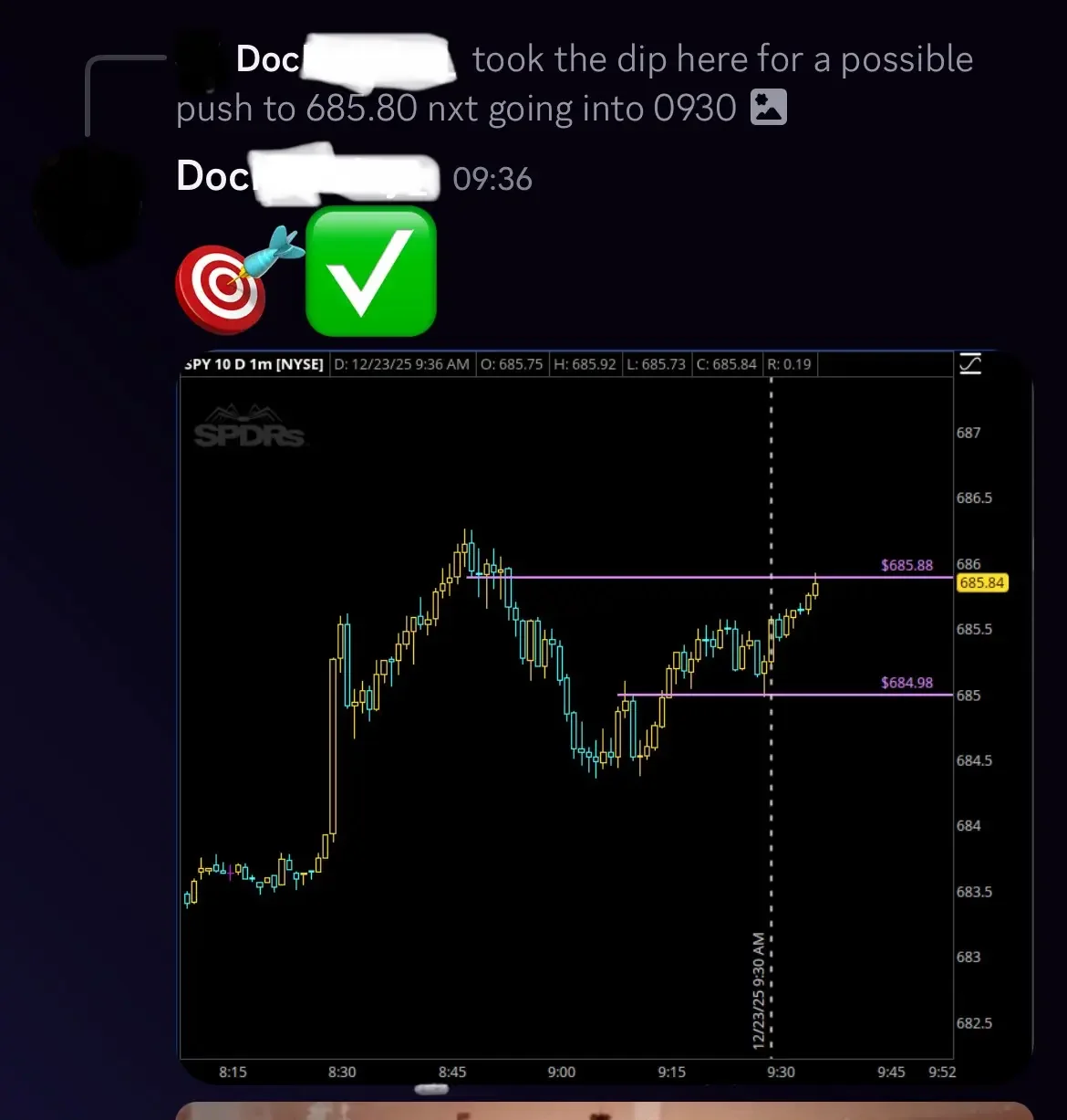 A smartphone screen displays a stock trading chart for SPY on the NYSE, showing prices between 8:15 and 9:52 AM, with annotations at $685.88 and $684.98. The chart indicates a rising trend near 9:30 AM. Overlaying the screen are chat messages with a 