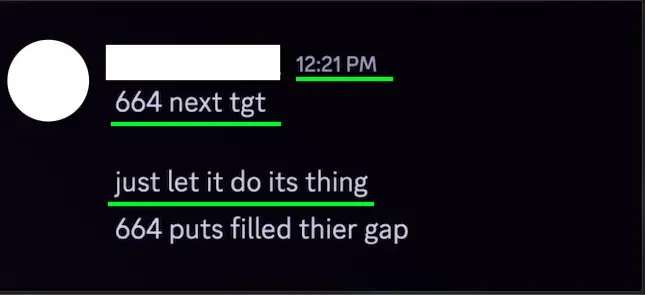 Text message screenshot with a black background showing a conversation about a game, mentioning '664 next tgt,' 'just let it do its thing,' and '664 puts filled their gap.'