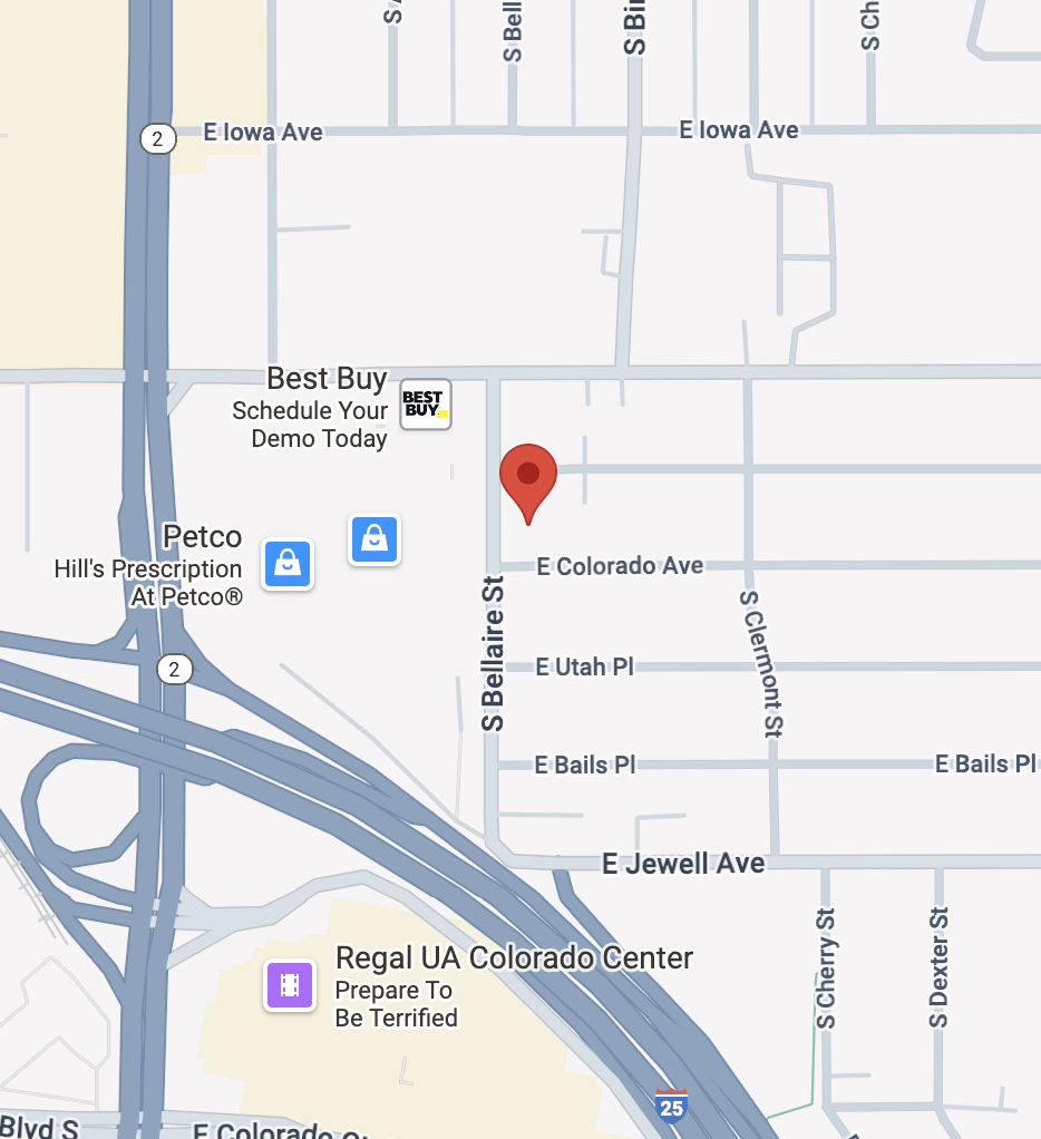 Map showing streets and landmarks in Colorado, including S Bellview St, E Iowa Ave, E Colorado Ave, E Jewell Ave, and nearby stores such as Petco and Best Buy.