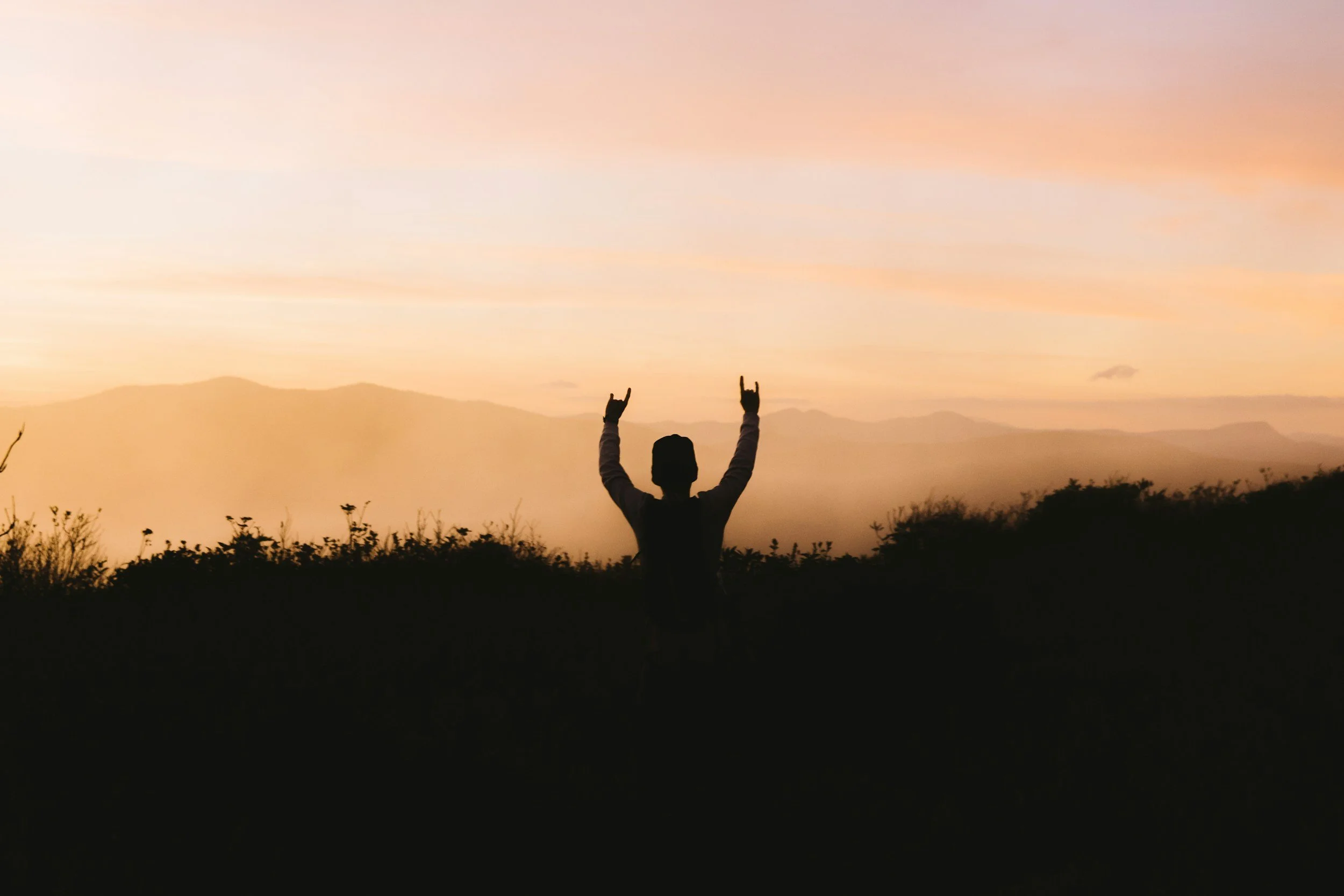 Silhouette of a person with arms raised making rock and roll hand signs, standing outdoors during sunset with hills in the background.
