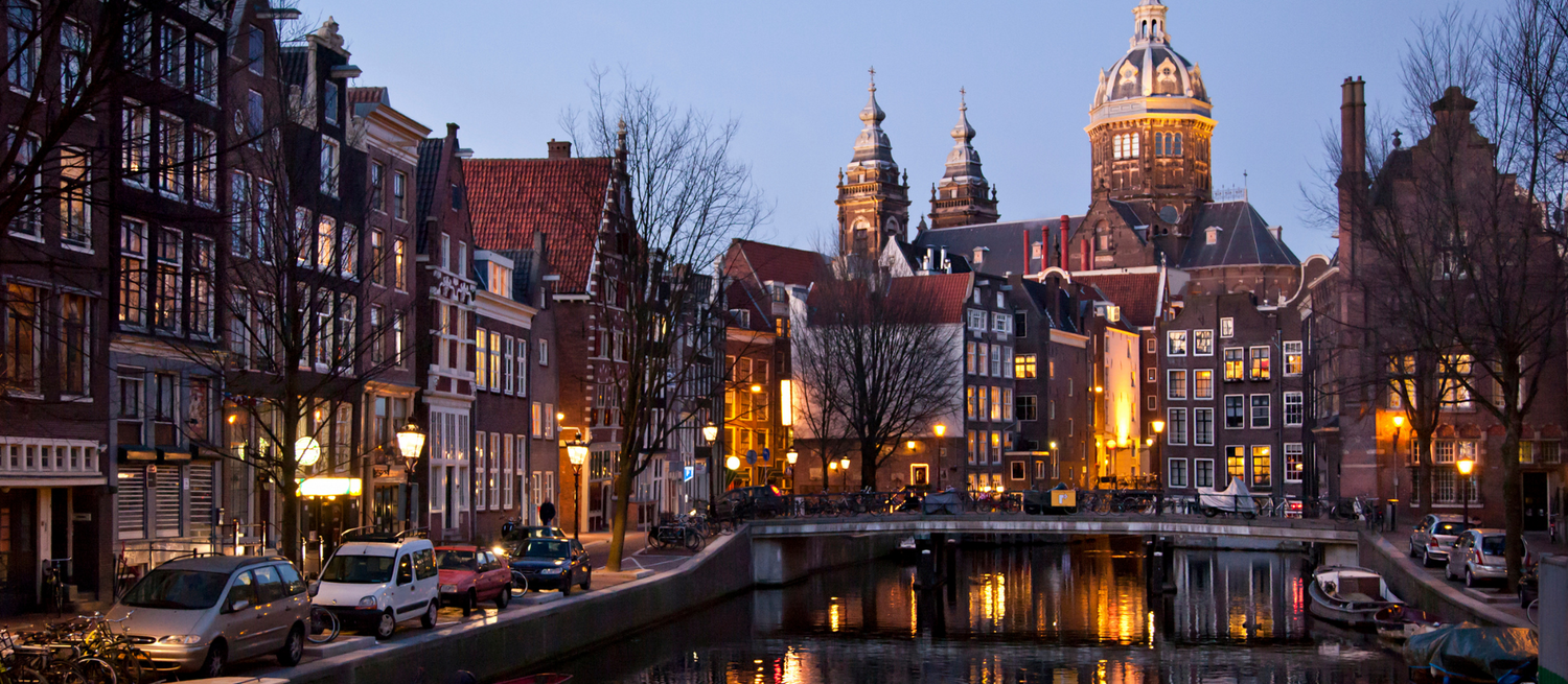 Amsterdam canals view of the St. Nicolaas Basilica