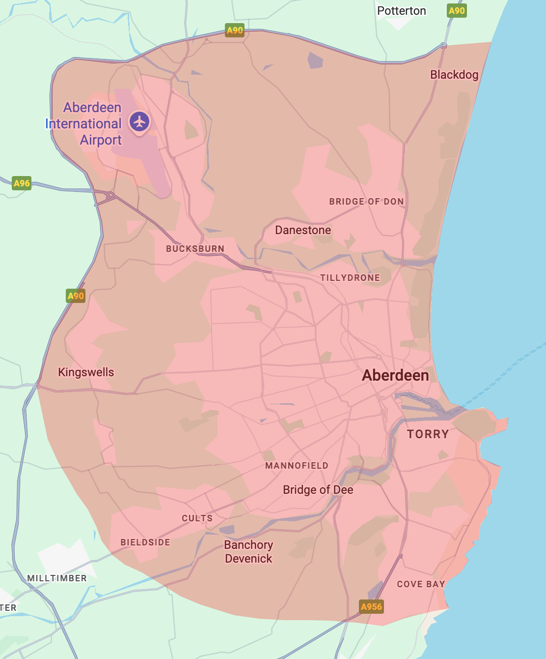 Map of Aberdeen showing city boundaries and neighborhoods such as Kingswells, Mannofield, Banchory Devenick, Cove Bay, Torry, and others, with main roads and the coastline on the right.