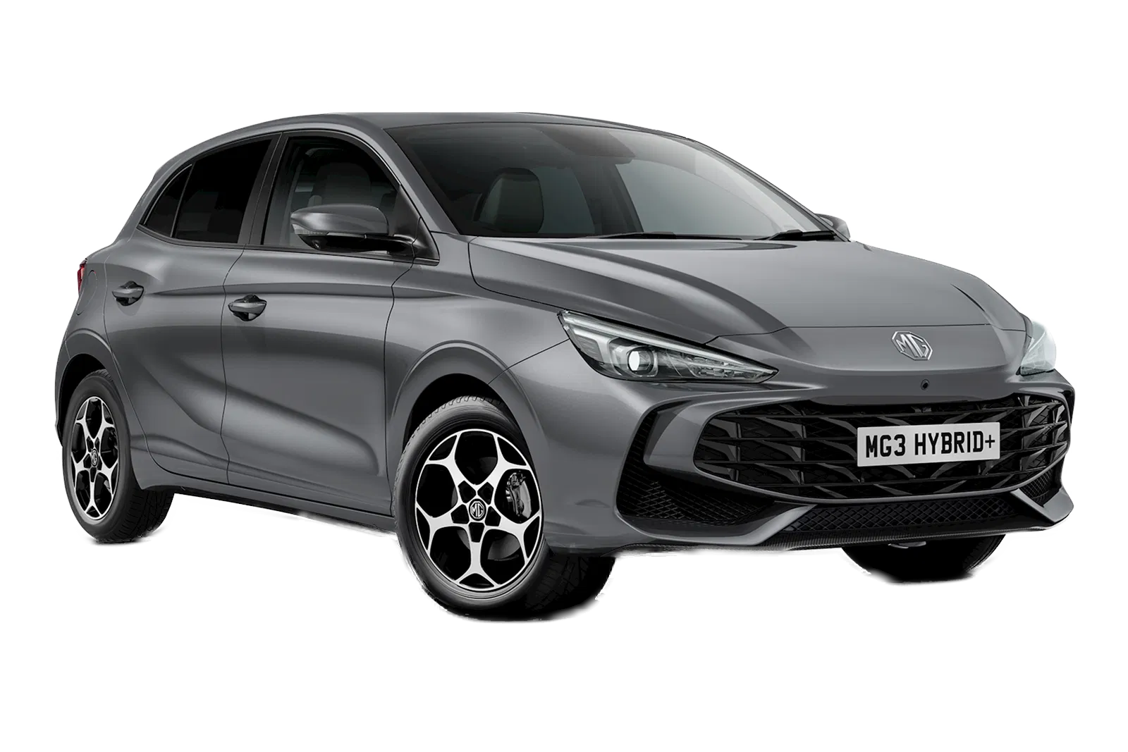 Gray MG3 Hybrid+ hatchback car with alloy wheels and sleek design, front view.