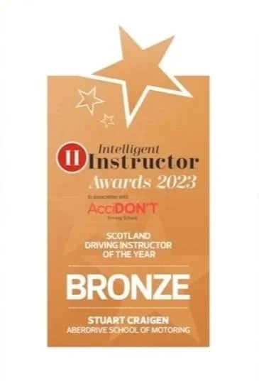 Award certificate for Scotland Driving Instructor of the Year, Bronze, 2023, presented by Intelligent Instructor and AcciDONT, with stars at the top.