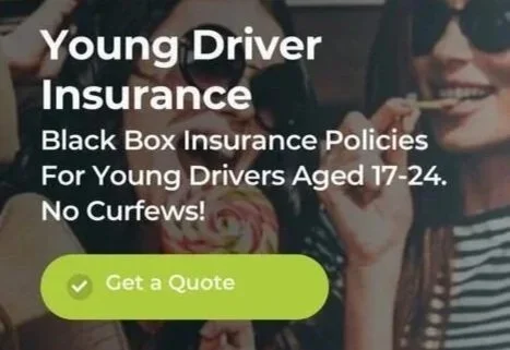 Advertisement for young driver insurance, featuring a woman smiling and holding a cigarette, with a call-to-action button labeled 'Get a Quote'.