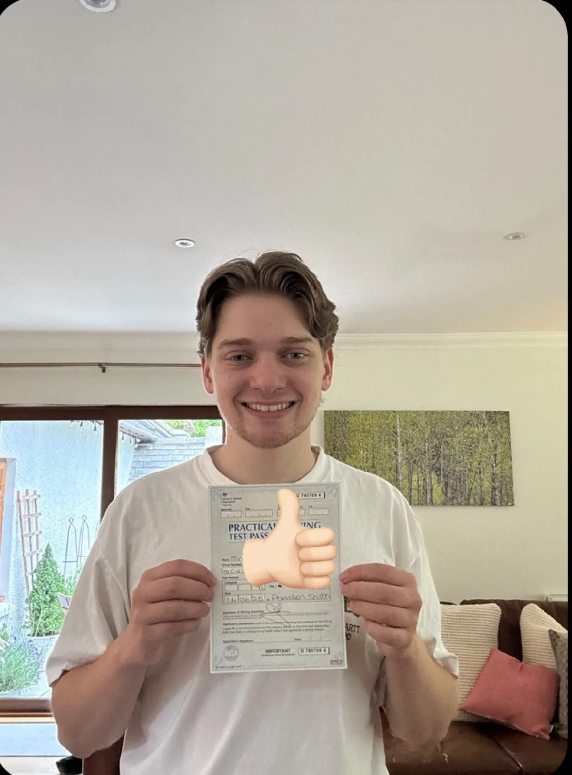 A young man with short brown hair and a white T-shirt is smiling and holding a test pass certificate with a thumbs-up emoji overlapping the certificate. He is standing inside a living room with a couch, a pink pillow, and a large window with greenery