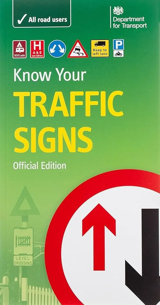 Cover of a book titled 'Know Your Traffic Signs' by the Department for Transport, featuring various road signs and symbols.
