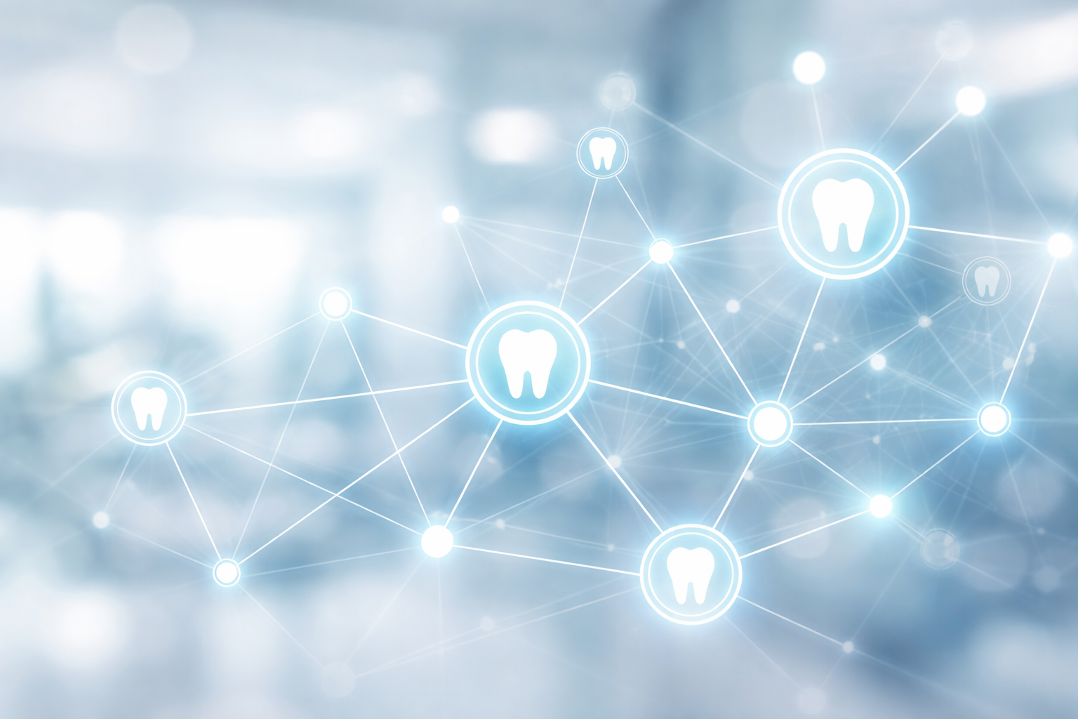 Digital illustration of interconnected molecules with tooth icons representing dental network or dental health concept.
