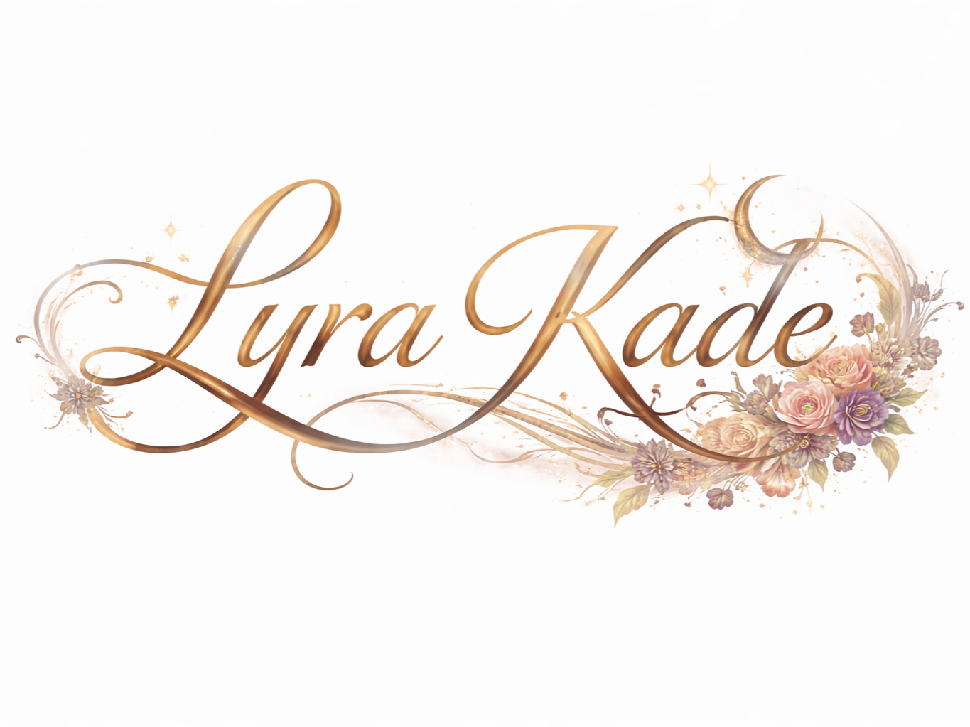 Elegant floral logo with the text 'Lyra Kade' in gold script, decorated with flowers and shimmering accents.